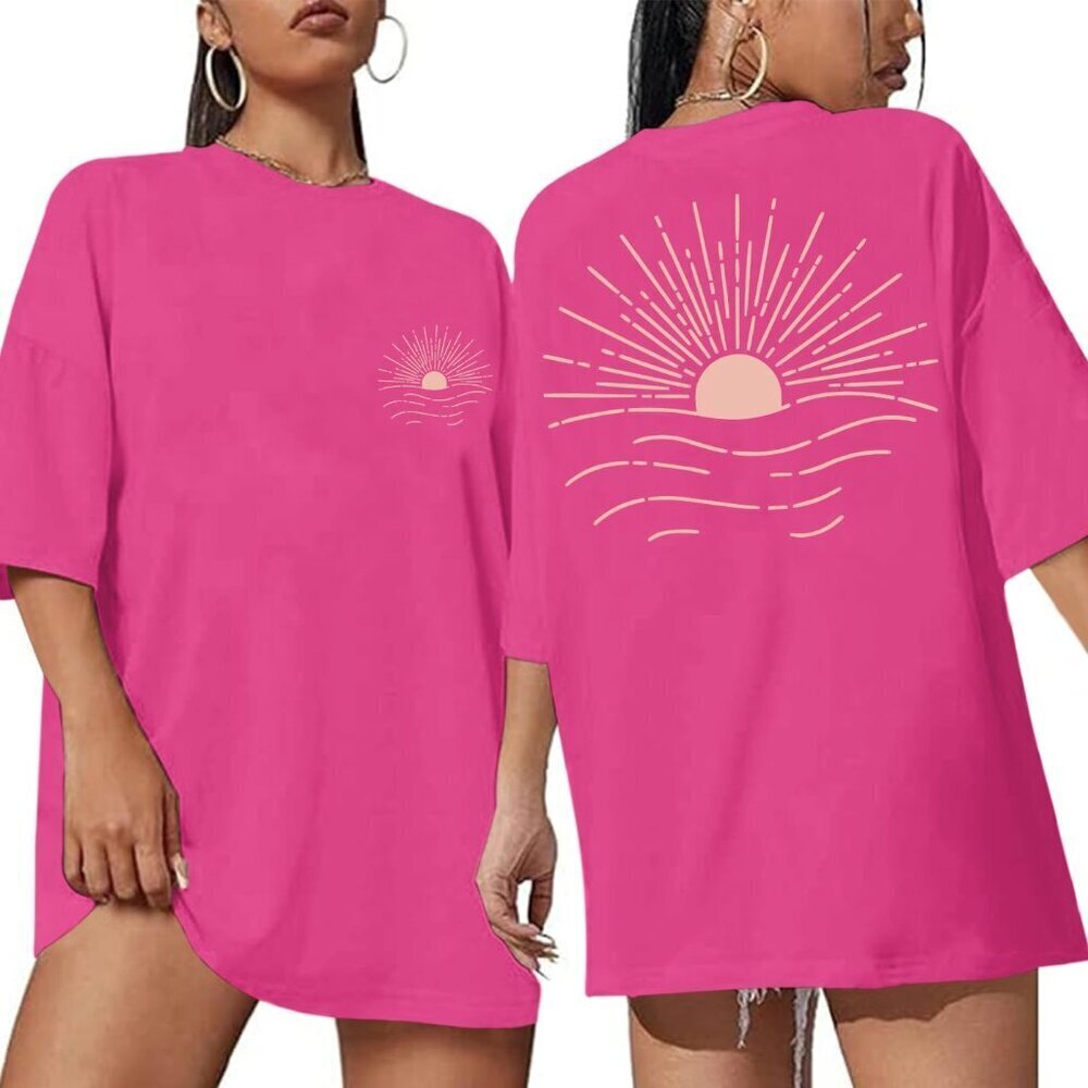 Oversized Vintage Sun Print Graphic Tee Baggy Y2K Beach Top - Picture 1 of 7